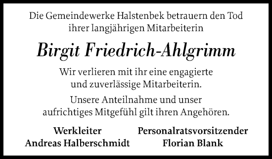 Traueranzeige von Birgit Friedrich-Ahlgrimm von Region Pinneberg und tip Pinneberg