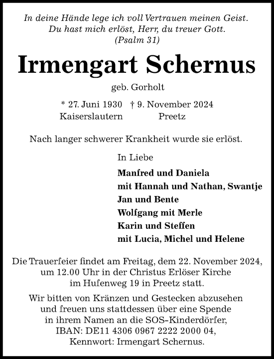 Traueranzeige von Irmengart Schernus von Stormaner Tageblatt