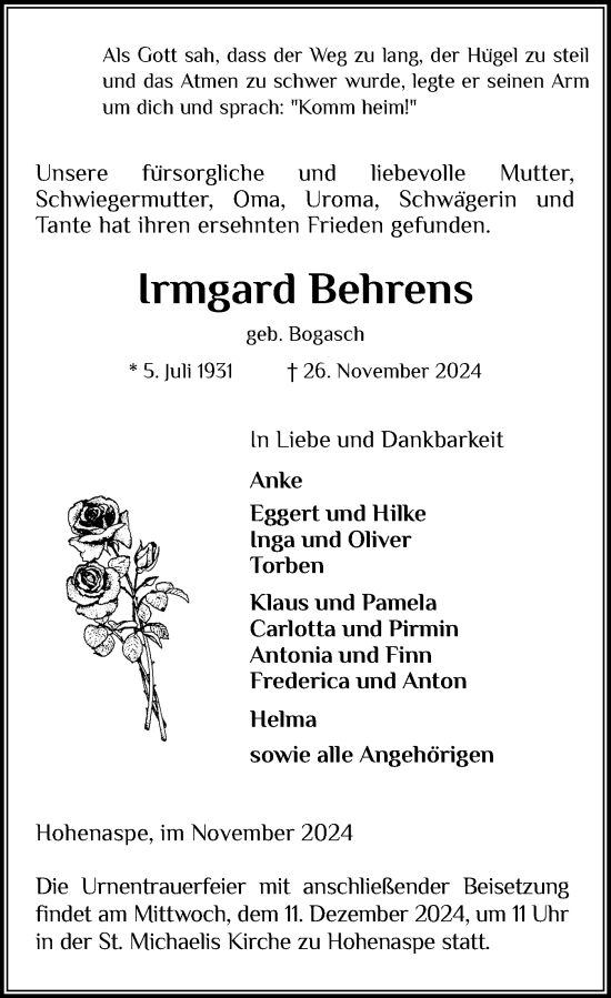 Traueranzeige von Irmgard Behrens von Norddeutsche Rundschau, Wilstersche Zeitung, Glückstädter Fortuna