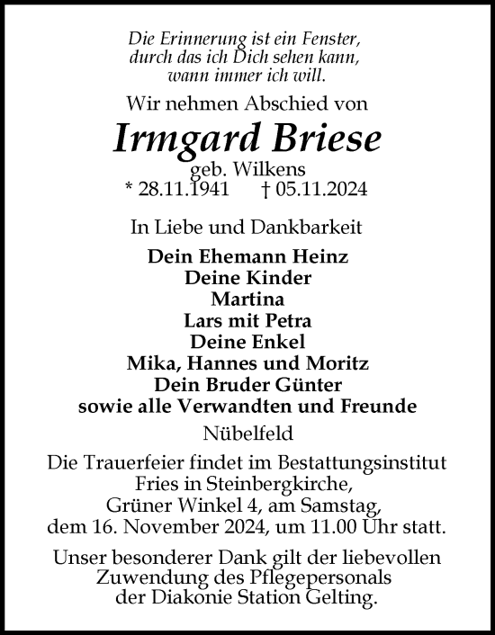 Traueranzeige von Irmgard Briese von Flensburger Tageblatt