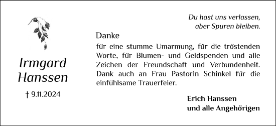 Traueranzeige von Irmgard Hanssen von Norddeutsche Rundschau, Wilstersche Zeitung, Glückstädter Fortuna