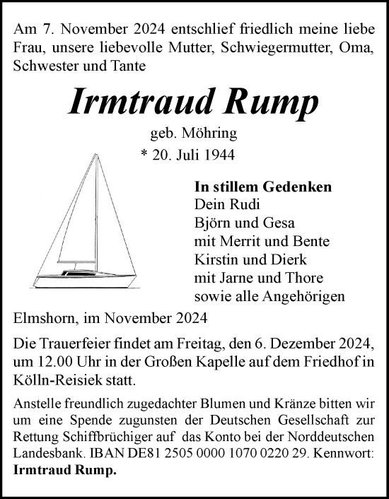 Traueranzeige von Irmtraud Rump von Elmshorner Nachrichten, Barmstedter Zeitung