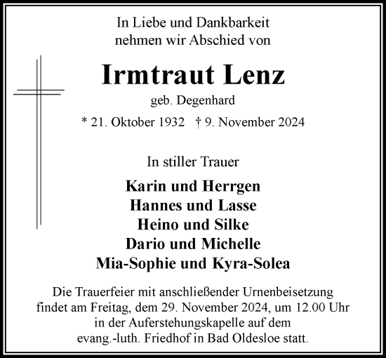 Traueranzeige von Irmtraut Lenz von Stormaner Tageblatt