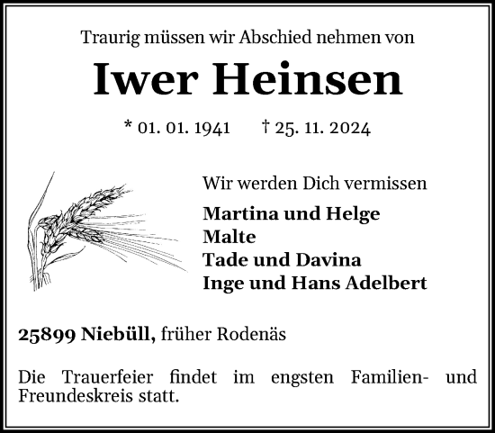 Traueranzeige von Iwer Heinsen von Husumer Nachrichten, Nordfriesland Tageblatt
