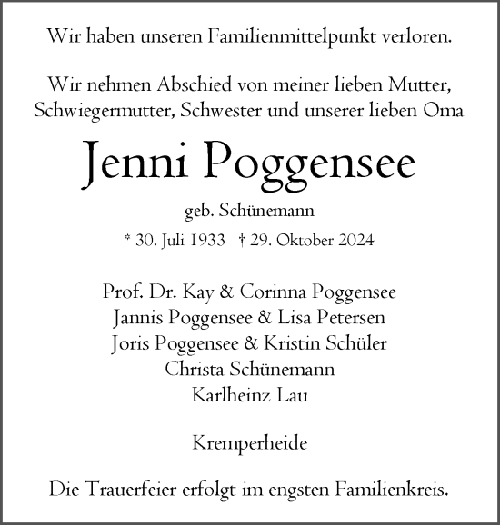 Traueranzeige von Jenni Poggensee von Norddeutsche Rundschau, Wilstersche Zeitung, Glückstädter Fortuna