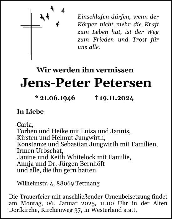 Traueranzeige von Jens-Peter Petersen von Sylter Rundschau