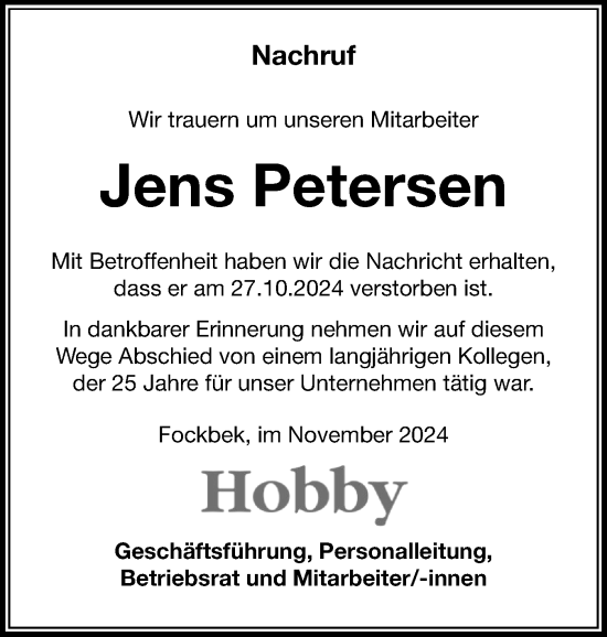 Traueranzeige von Jens Petersen von Schleswig-Holsteinische Landeszeitung