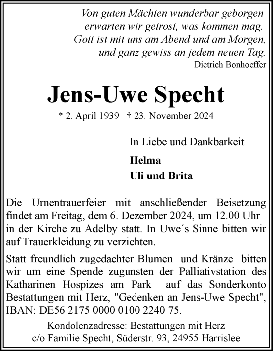 Traueranzeige von Jens-Uwe Specht von Flensburger Tageblatt