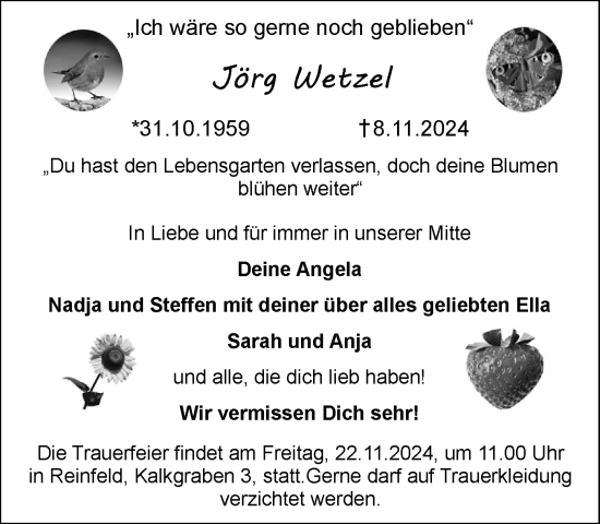 Traueranzeige von Jörg Wetzel von Stormaner Tageblatt