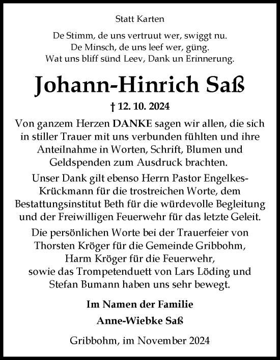 Traueranzeige von Johann-Hinrich Saß von Norddeutsche Rundschau, Wilstersche Zeitung, Glückstädter Fortuna