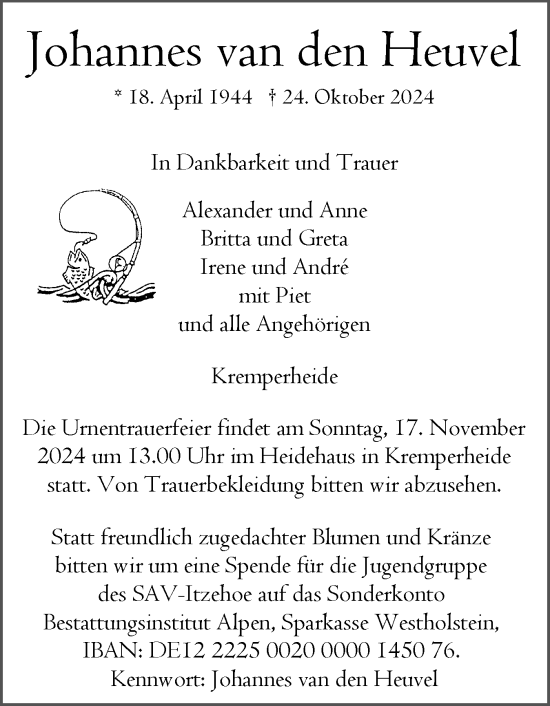 Traueranzeige von Johannes  van den Heuvel von Norddeutsche Rundschau, Wilstersche Zeitung, Glückstädter Fortuna