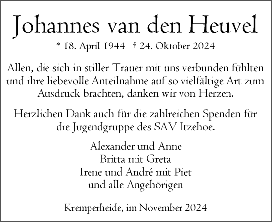 Traueranzeige von Johannes  van den Heuvel von Norddeutsche Rundschau, Wilstersche Zeitung, Glückstädter Fortuna