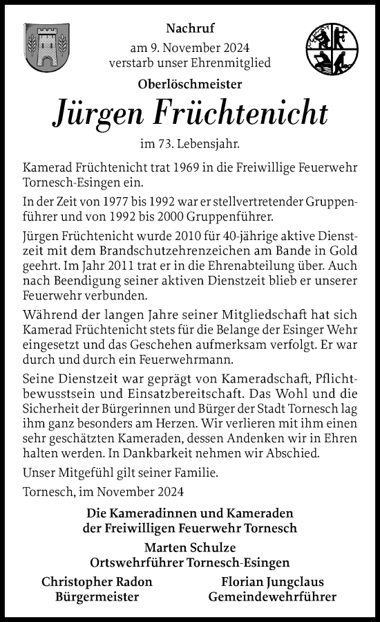 Traueranzeige von Jürgen Früchtenicht von Uetersener Nachrichten, Der tip am Wochenende