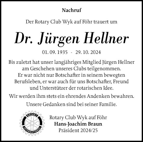 Traueranzeige von Jürgen Hellner von Der Insel-Bote