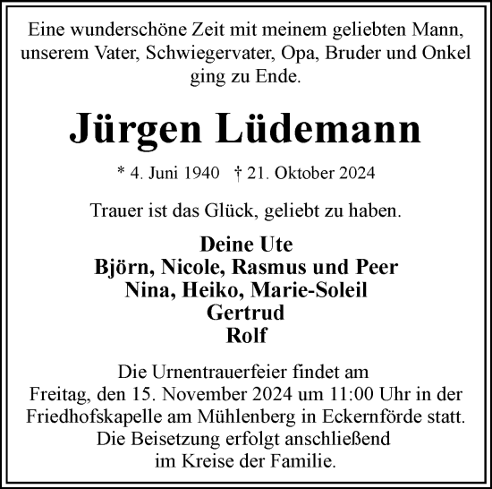 Traueranzeige von Jürgen Lüdemann von Eckernförder Zeitung, Hallo Eckernförde