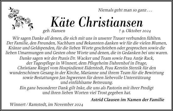 Traueranzeige von Käte Christiansen von Husumer Nachrichten, Nordfriesland Tageblatt