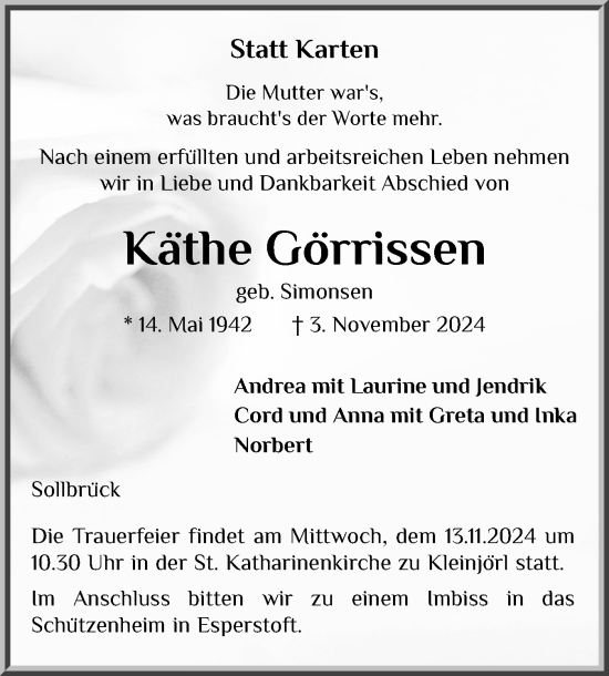 Traueranzeige von Käthe Görrissen von Region Flensburg