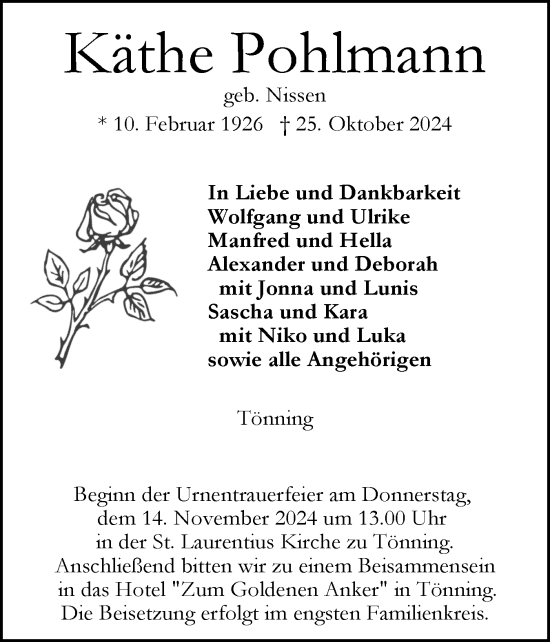 Traueranzeige von Käthe Pohlmann von Husumer Nachrichten, Nordfriesland Tageblatt