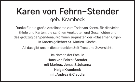 Traueranzeige von Karen von Fehrn-Stender von Schleswig-Holsteinische Landeszeitung