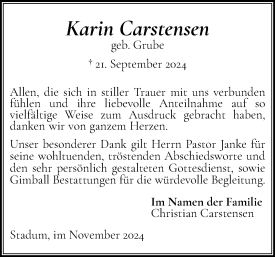 Traueranzeige von Karin Carstensen von Husumer Nachrichten, Nordfriesland Tageblatt