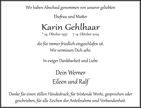 Traueranzeige von Karin Gehlhaar von Stormaner Tageblatt