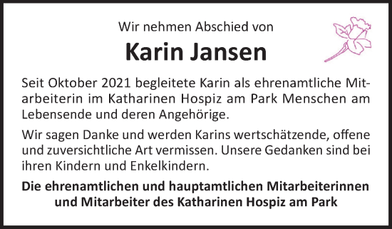 Traueranzeige von Karin Jansen von Flensburger Tageblatt