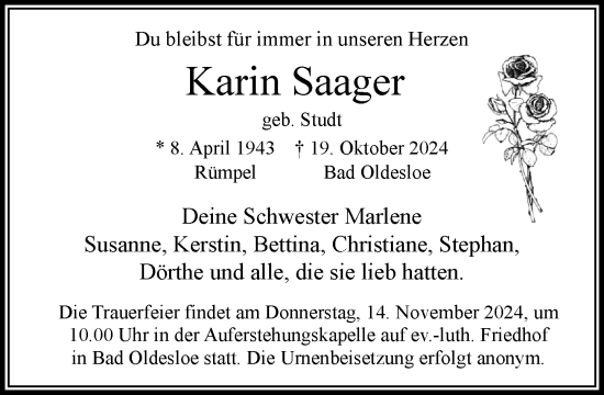 Traueranzeige von Karin Saager von Stormaner Tageblatt