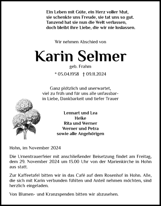 Traueranzeige von Karin Selmer von Schleswig-Holsteinische Landeszeitung