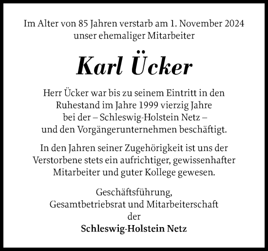 Traueranzeige von Karl Ücker von Norddeutsche Rundschau, Wilstersche Zeitung, Glückstädter Fortuna