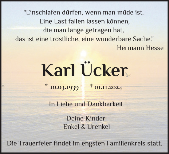 Traueranzeige von Karl Ücker von Norddeutsche Rundschau, Wilstersche Zeitung, Glückstädter Fortuna