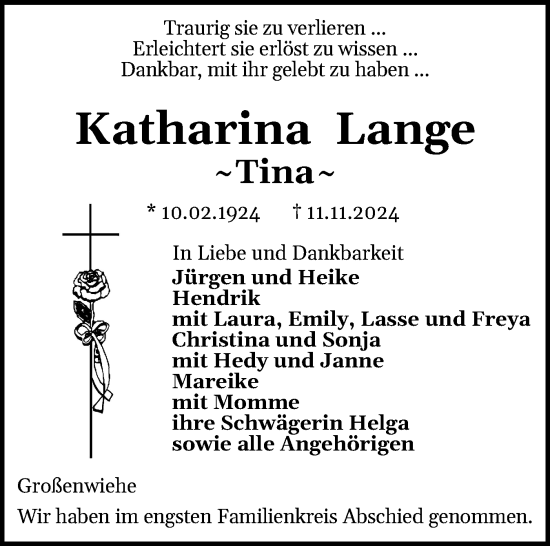 Traueranzeige von Katharina Lange von Flensburger Tageblatt