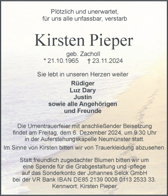 Traueranzeige von Kirsten Pieper von Holsteinischer Courier