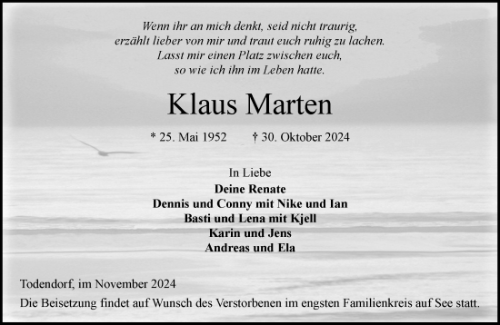 Traueranzeige von Klaus Marten von Stormaner Tageblatt