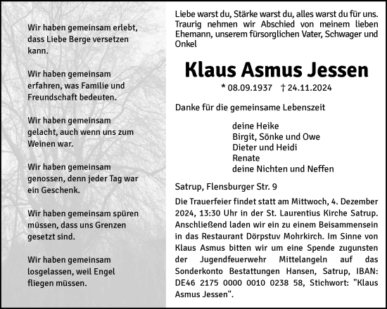 Traueranzeige von Klaus Asmus Jessen von Flensburger Tageblatt, Schleswiger Nachrichten, Schlei-Bote