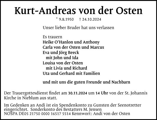 Traueranzeige von Kurt-Andreas  von der Osten von Der Insel-Bote