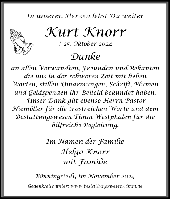 Traueranzeige von Kurt Knorr von Region Pinneberg und tip Pinneberg