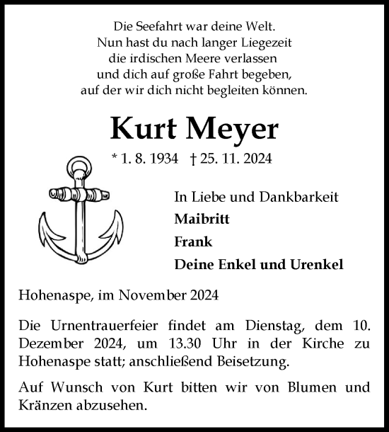 Traueranzeige von Kurt Meyer von Norddeutsche Rundschau, Wilstersche Zeitung, Glückstädter Fortuna