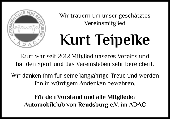Traueranzeige von Kurt Teipelke von Schleswig-Holsteinische Landeszeitung
