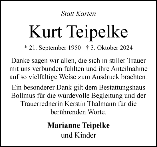 Traueranzeige von Kurt Teipelke von Schleswig-Holsteinische Landeszeitung