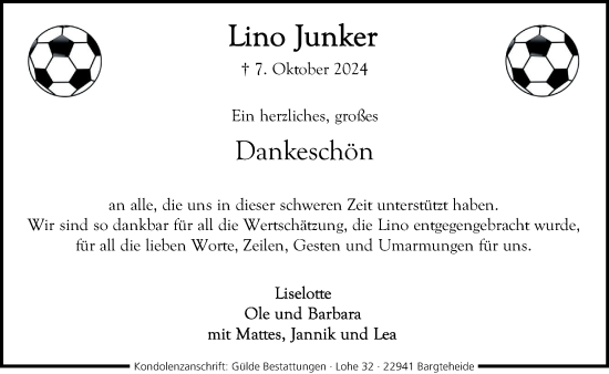 Traueranzeige von Lino Jünker von Stormaner Tageblatt