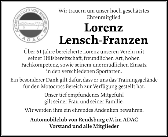 Traueranzeige von Lorenz Lensch-Franzen von Schleswig-Holsteinische Landeszeitung