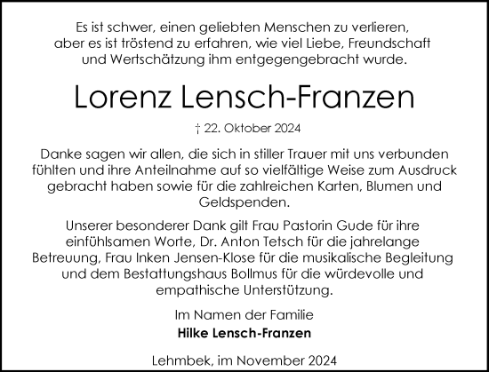 Traueranzeige von Lorenz Lensch-Franzen von Schleswig-Holsteinische Landeszeitung