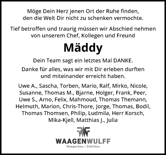 Traueranzeige von Mäddy  von Flensburger Tageblatt, Schleswiger Nachrichten, Schlei-Bote