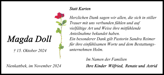 Traueranzeige von Magda Doll von Schleswig-Holsteinische Landeszeitung