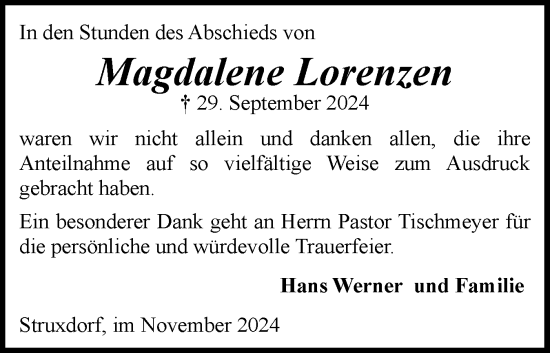 Traueranzeige von Magdalene Lorenzen von Schleswig-Holsteinische Landeszeitung