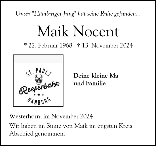 Traueranzeige von Maik Nocent von Elmshorner Nachrichten, Barmstedter Zeitung