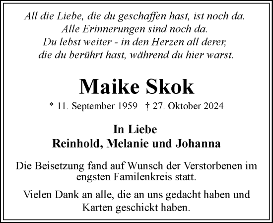 Traueranzeige von Maike Skok von Eckernförder Zeitung