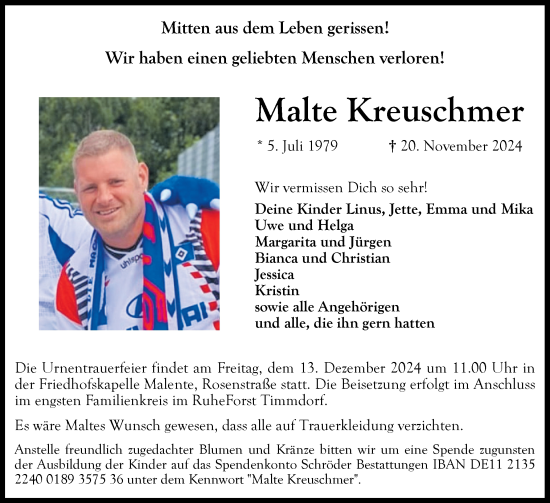 Traueranzeige von Malte Kreuschmer von Ostholsteiner Anzeiger