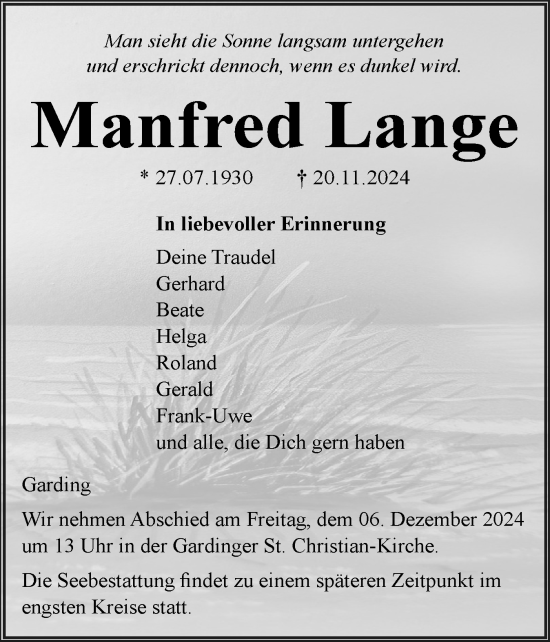 Traueranzeige von Manfred Lange von Husumer Nachrichten, Nordfriesland Tageblatt