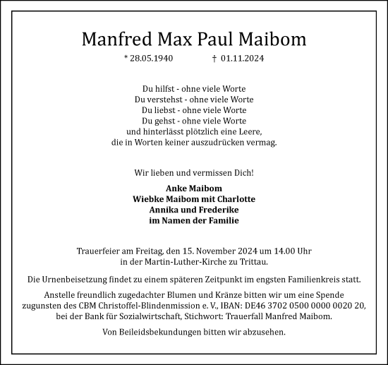 Traueranzeige von Manfred Maibom von Stormaner Tageblatt